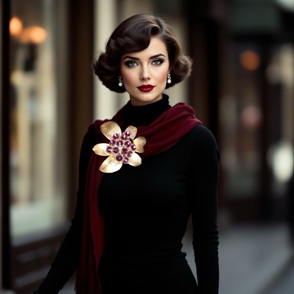 80s vintage Brooch /pendantGold tone Flower  With Purple Glass. Statement Piece - Picture 7 of 16